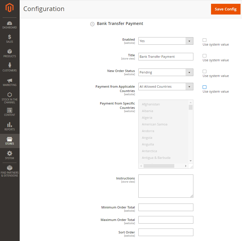 magento 2 bank transfer payment method configuration