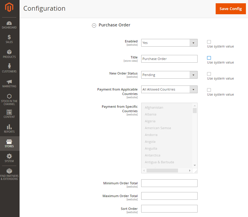 magento 2 purchase order payment configuration