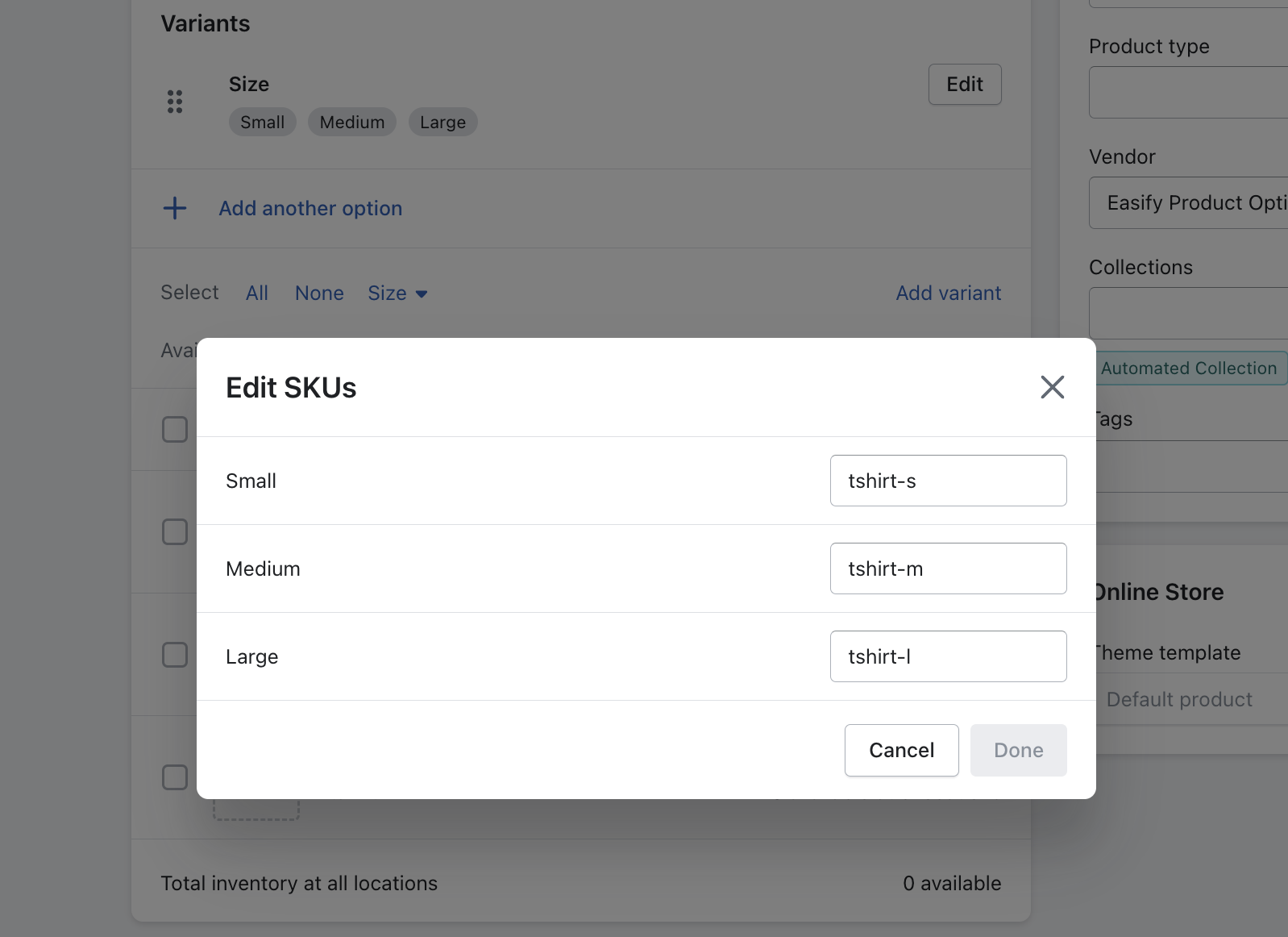 Shopify variant SKU