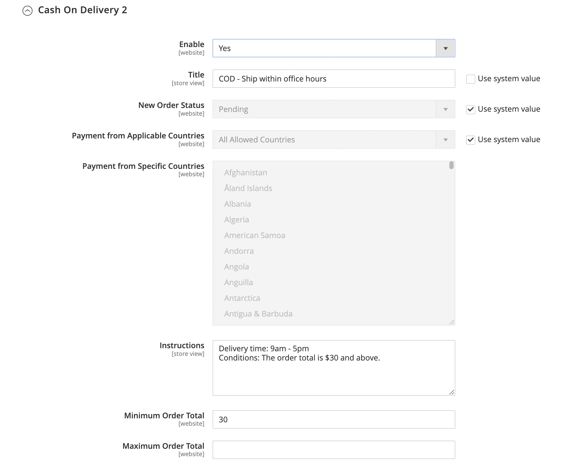 magento 2 cash on delivery payment method