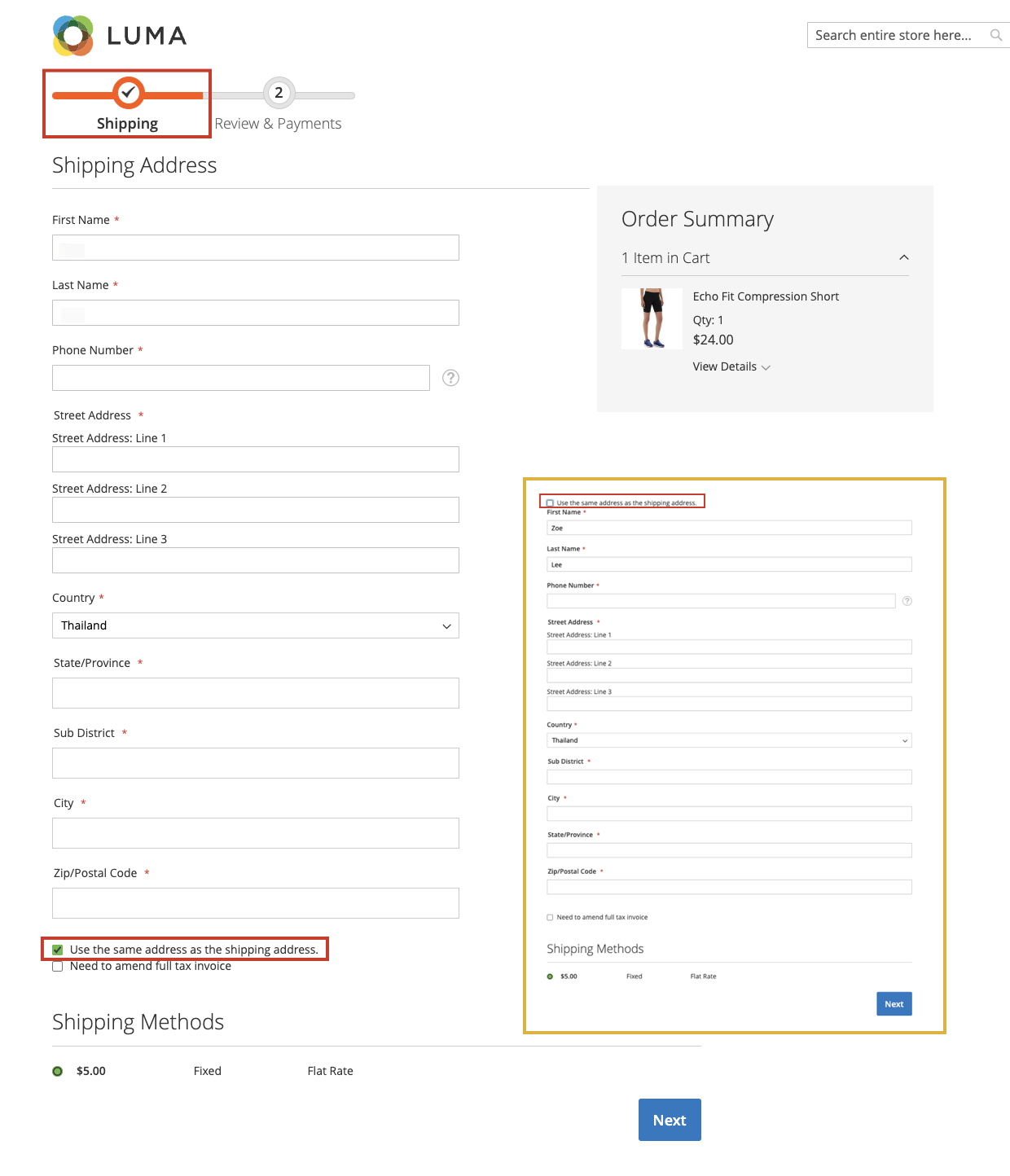 move billing address from payment to shipping magento